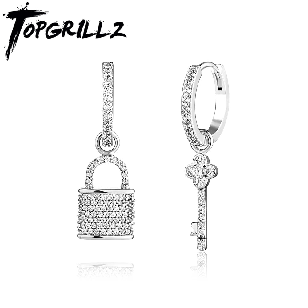 TOPGRILLZ 2022 New Couple Earrings Lock & Key Drop Earrings Iced Micro Pave Cubic Zirconia Earrings Hip Hop Jewelry For Gift