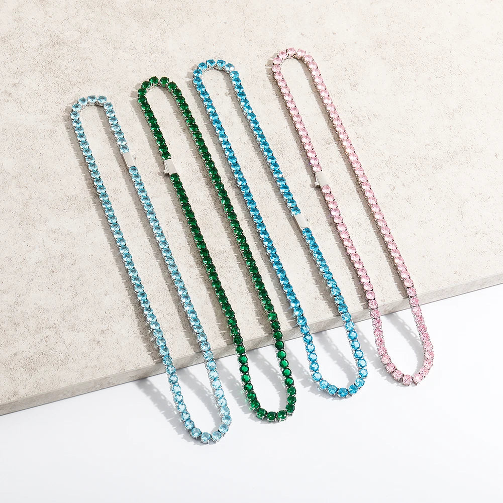 TOPGRILLZ 3/4MM Waterproof and Color Retention 5A+ Cz Stone Tennis Chain Iced Out Blue/Green/Pink Colorful Stone Hip Hop Jewelry