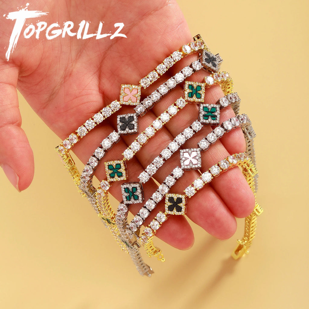 TOPGRILLZ Classic Iced Out Four Leaf Clover Necklace 5A+ Cubic Zirconia Flower 4mm Tennis Chain For Unisex Jewelry