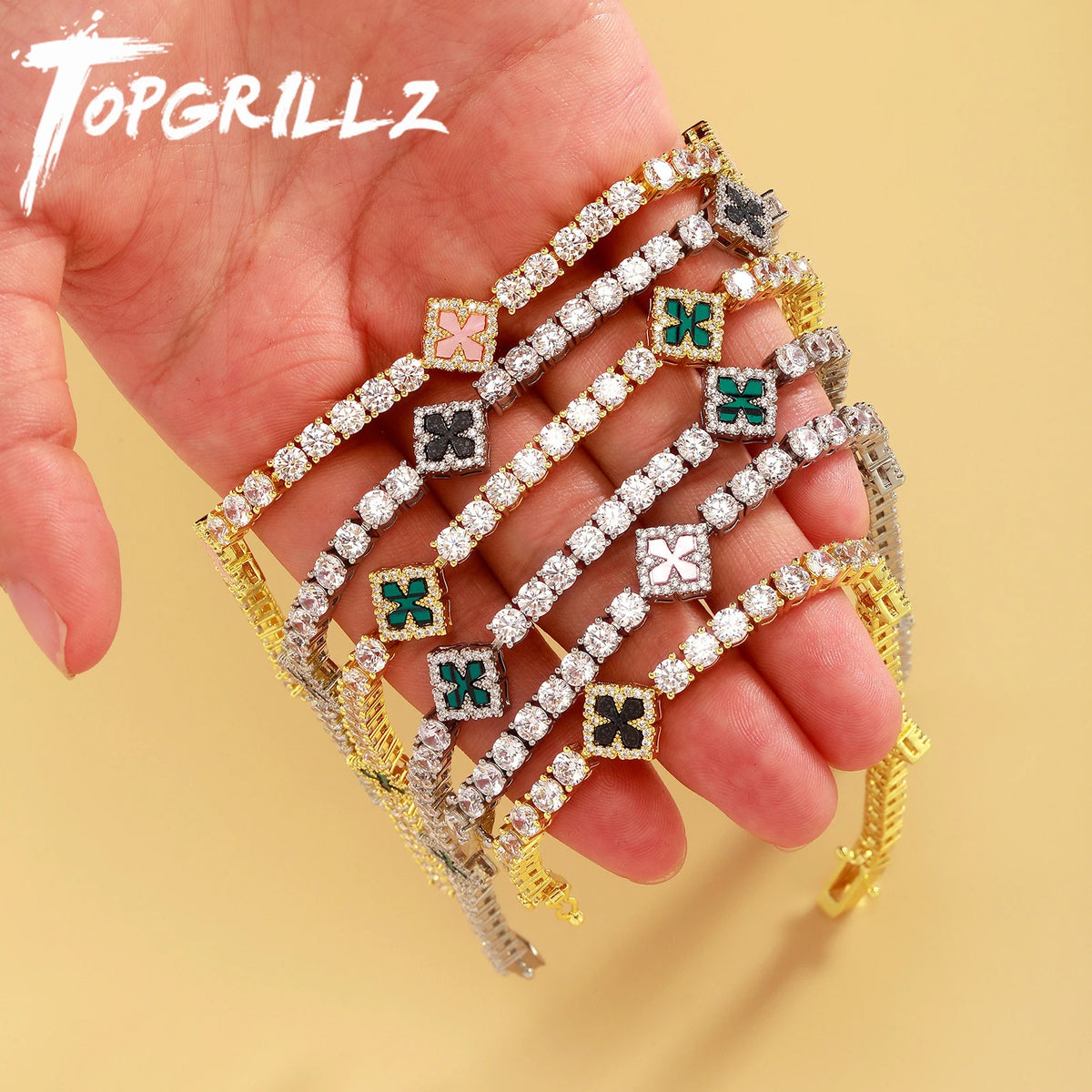 TOPGRILLZ Classic Iced Out Four Leaf Clover Necklace 5A+ Cubic Zirconia Flower 4mm Tennis Chain For Unisex Jewelry