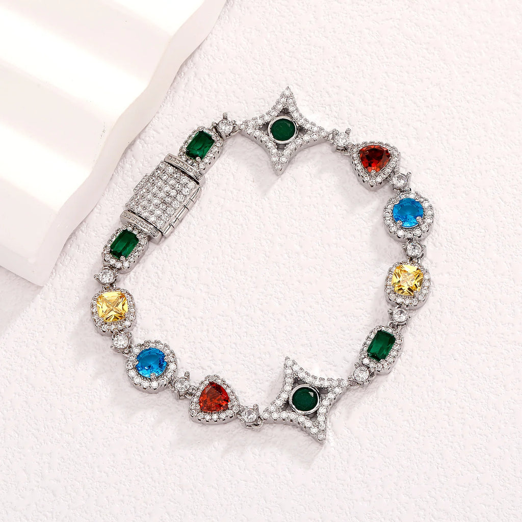 TOPGRILLZ Multicolor CZ Star Link Bracelet Necklace Gold/Silver Plated Y2K Dopamine Hip Hop Jewelry Iced Out Couple Unisex Gift
