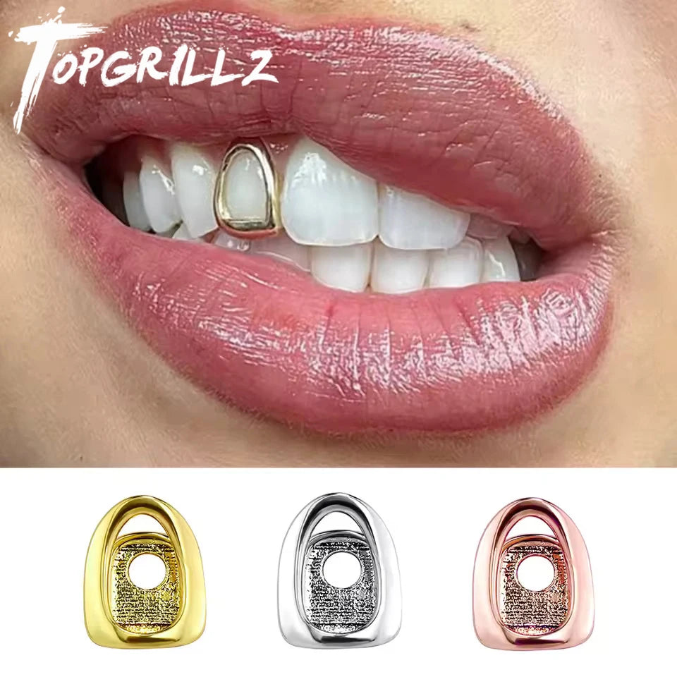 TOPGRILLZ Hip Hop Single Hollow Teeth Caps For Women Men Braces Simple Glossy Tooth Grills Jewelry Cosplay Dental Grillz