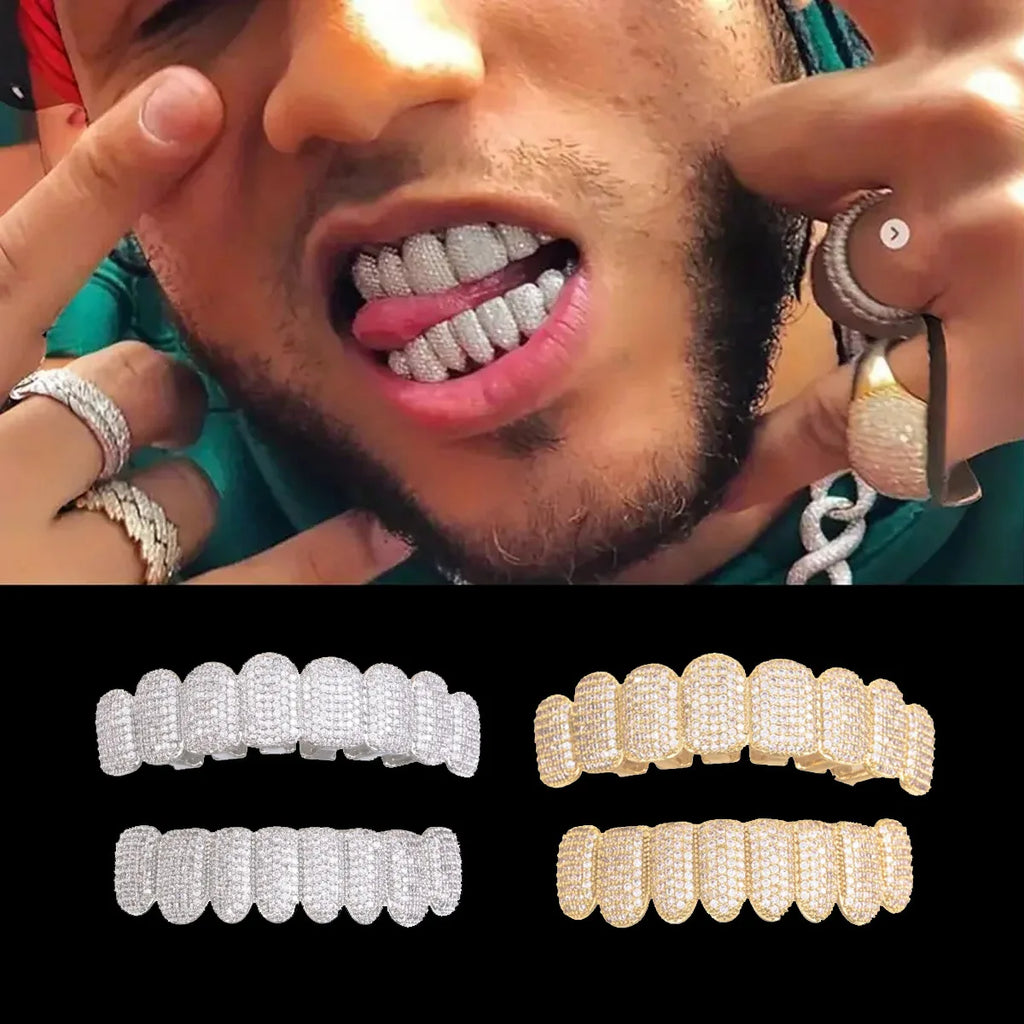TOPGRILLZ Punk Iced Out Cubic Zircon Teeth Grills 8 Top & 8 Bottom Set Braces Full CZ Stones Dental Grills For Party Gift