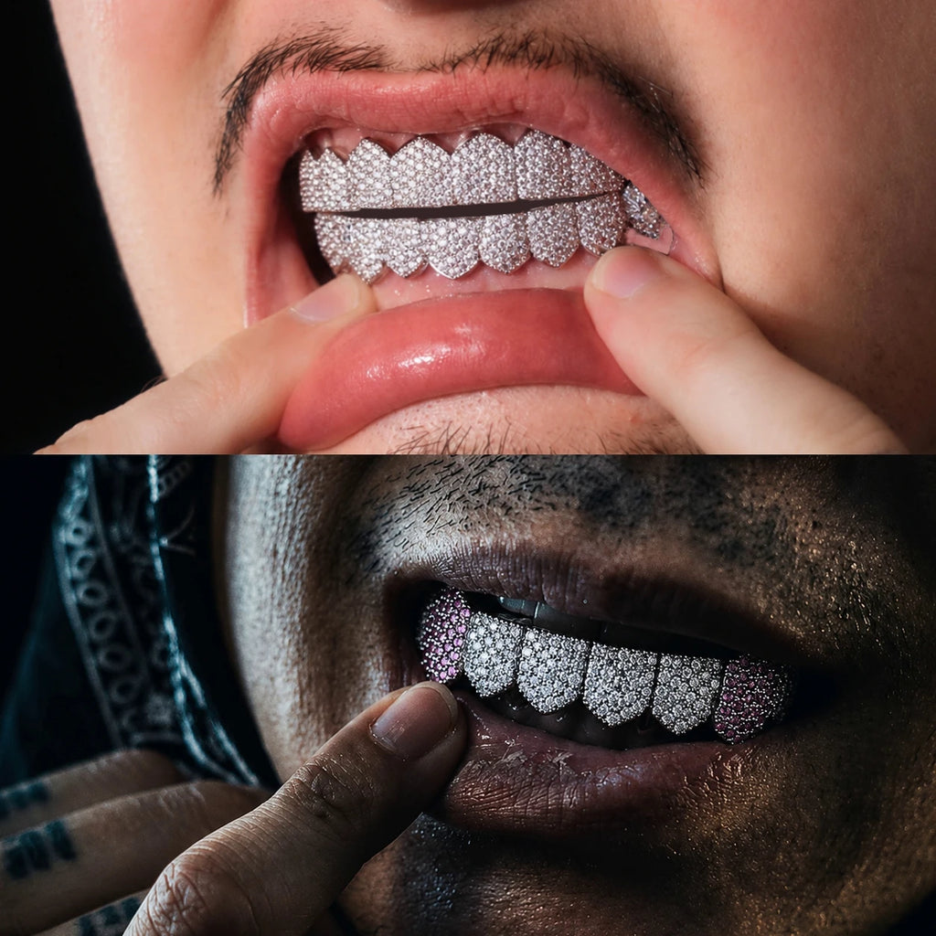 TOPGRILLZ 3 Styles Hip Hop Grillz Full CZ Fang Wavy Pink Accent Grills Set Iced Out 8 Teeth Halloween Jewelry Men Women