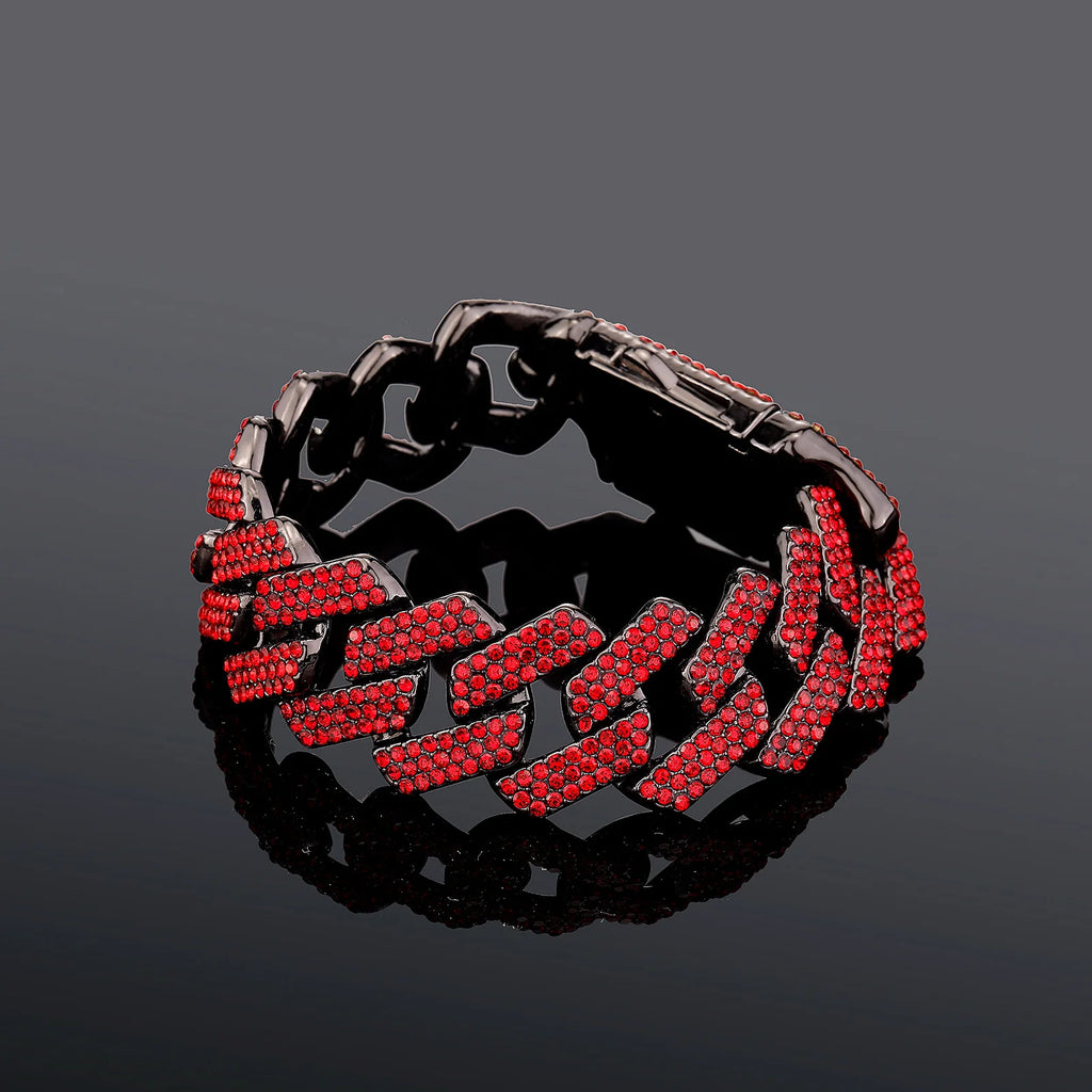 TOPGRILLZ 20MM Full Black Red Iced Out Miami Cuban Link Alloy Rhinestone Bracelet Necklace Hip Hop Jewelry Men Women