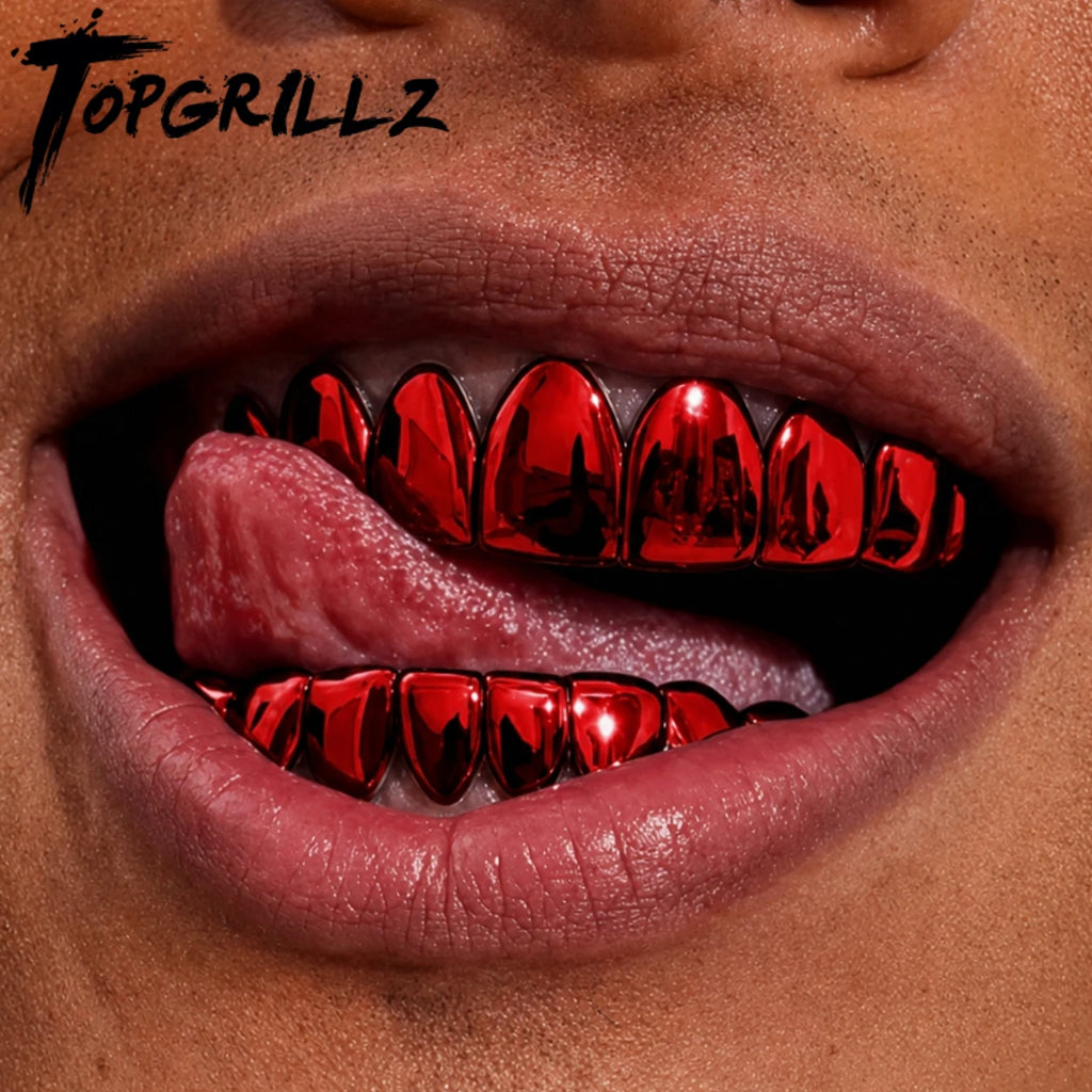 TOPGRILLZ Red Mirror Hip Hop Grillz Set 2Pcs 8 Teeth Top Bottom Grills Y2K Party Cosplay Teeth Halloween Jewelry Men Women