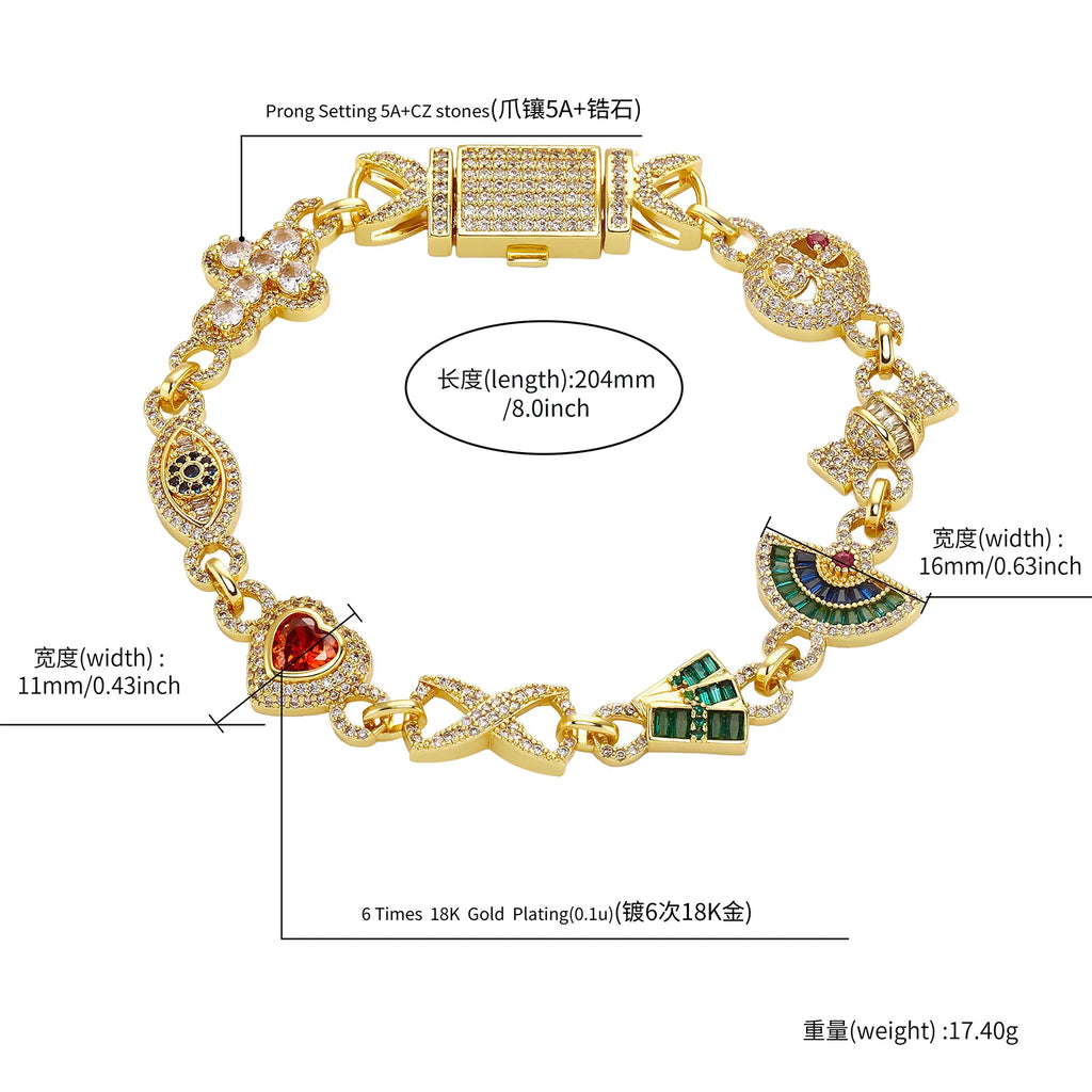 TOPGRILLZ Womens Streetwear Jewelry Gold Plated Flower Evil Eye Heart Charms Cross Bracelet Micro Pave Bling Gift For Men