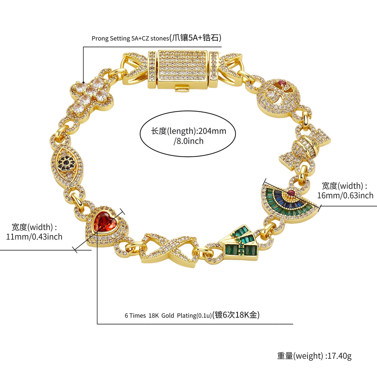 TOPGRILLZ Womens Streetwear Jewelry Gold Plated Flower Evil Eye Heart Charms Cross Bracelet Micro Pave Bling Gift For Men
