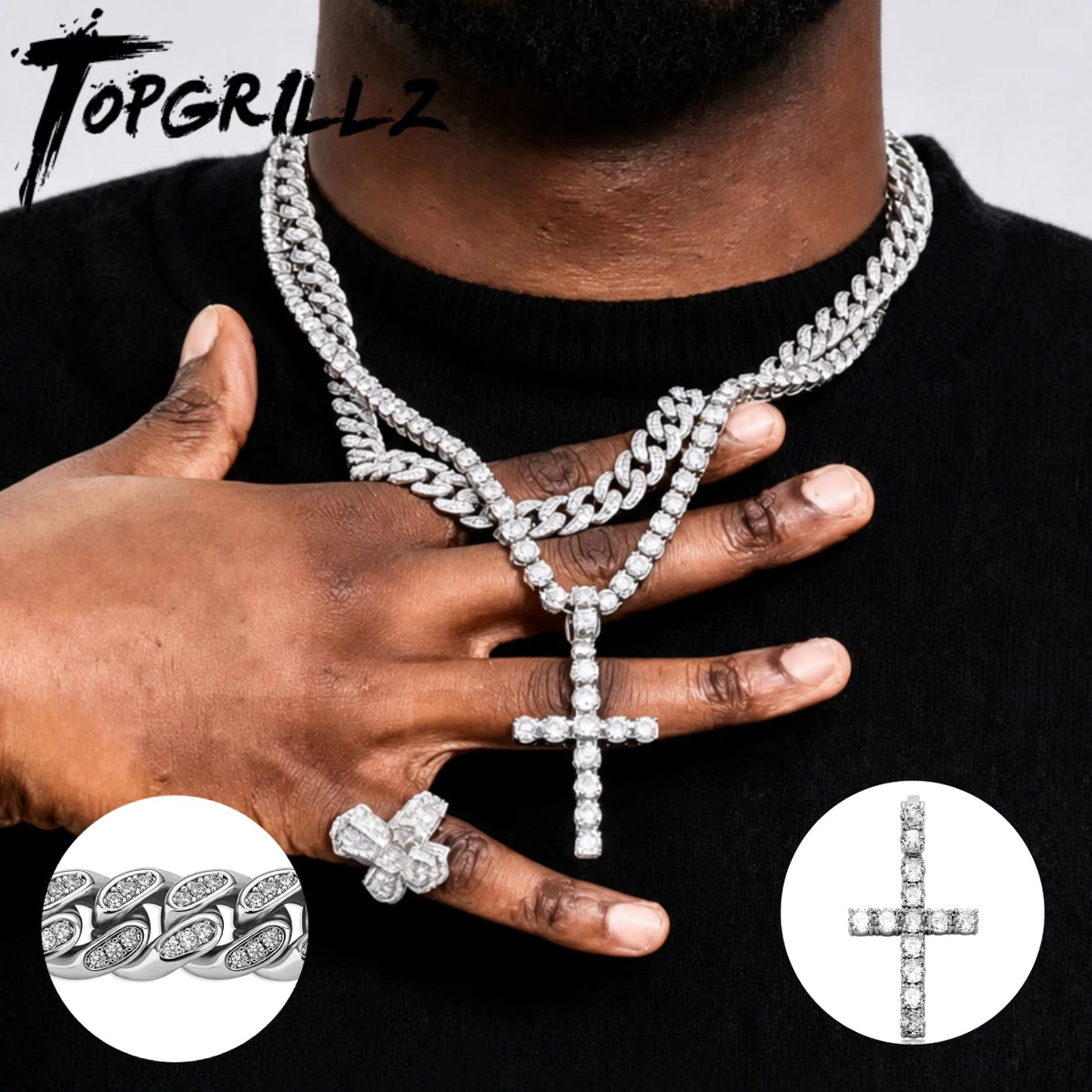 TOPGRILLZ 2Pcs Layered Hip Hop Necklace Set Iced Out Cuban Tennis Chain CZ Cross Pendant Streetwear Bling Jewelry Men Women