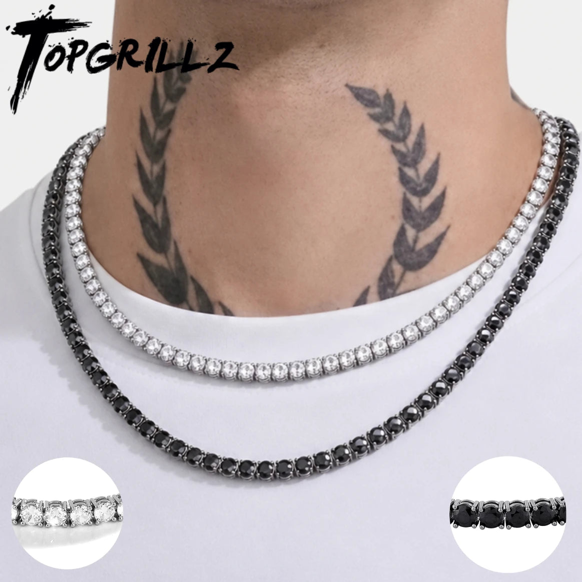 TOPGRILLZ 2PC Classic Versatile 3-5MM Tennis Chain Hip Hop Jewelry Set in Black & White CZ - Festival Gift For Men&Women