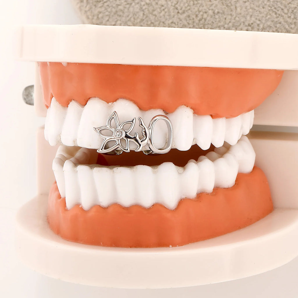TOPGRILLZ Glossy Double Hollow Flower Tooth Grillz For Women Gold Silver Color Daily Wearable Tooth Jewelry Dental Grills