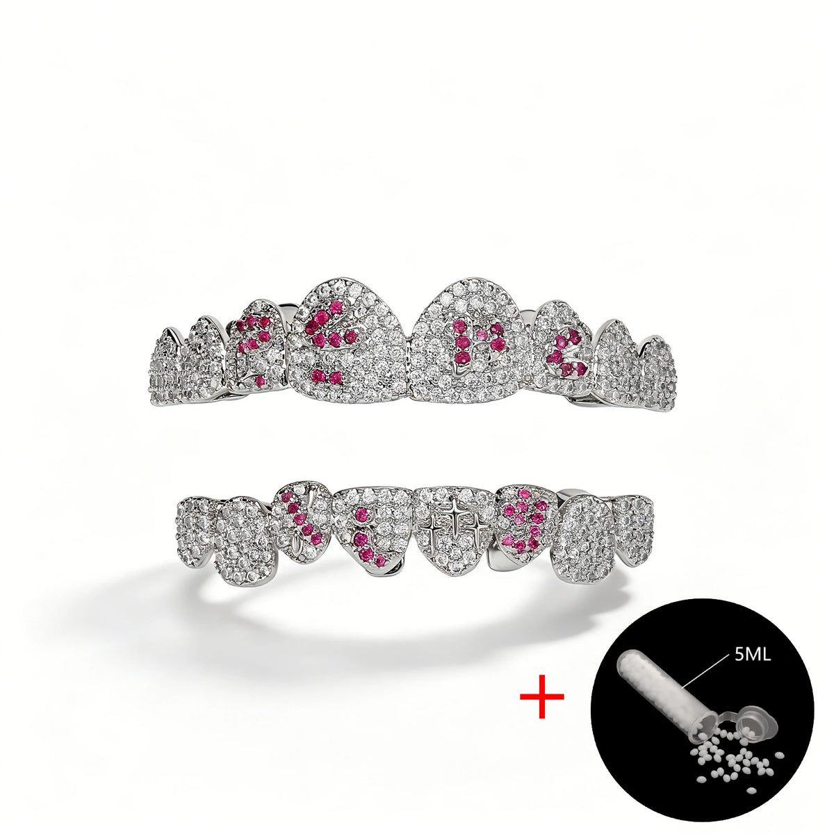 TOPGRILLZ White & Pink CZ Heart Cross Star Micro Pave Fang Grillz Set Gold Plated Top Bottom 8 Teeth Y2K Sweet Hip Hop Jewelry