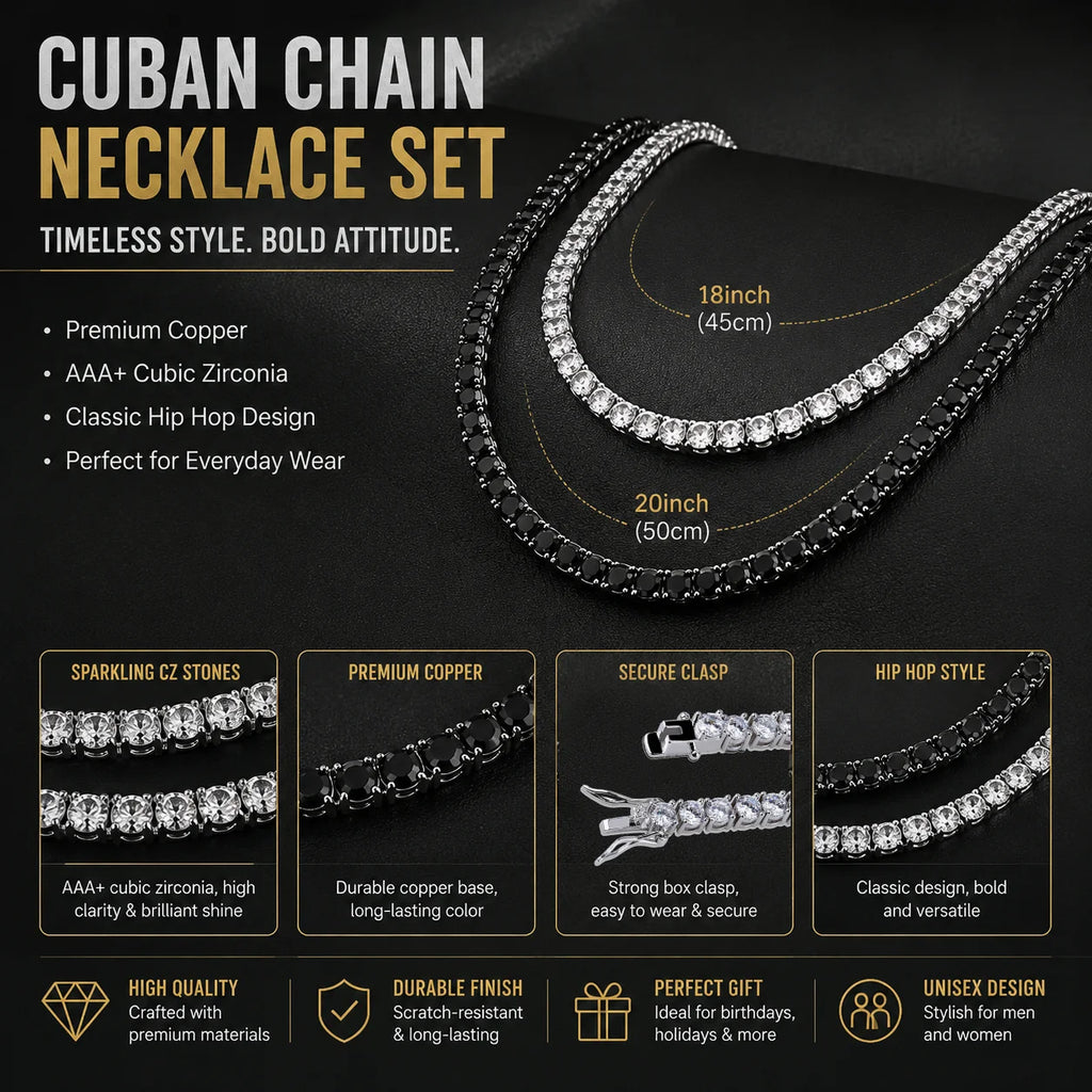 TOPGRILLZ 2PC Classic Versatile 3-5MM Tennis Chain Hip Hop Jewelry Set in Black & White CZ - Festival Gift For Men&Women