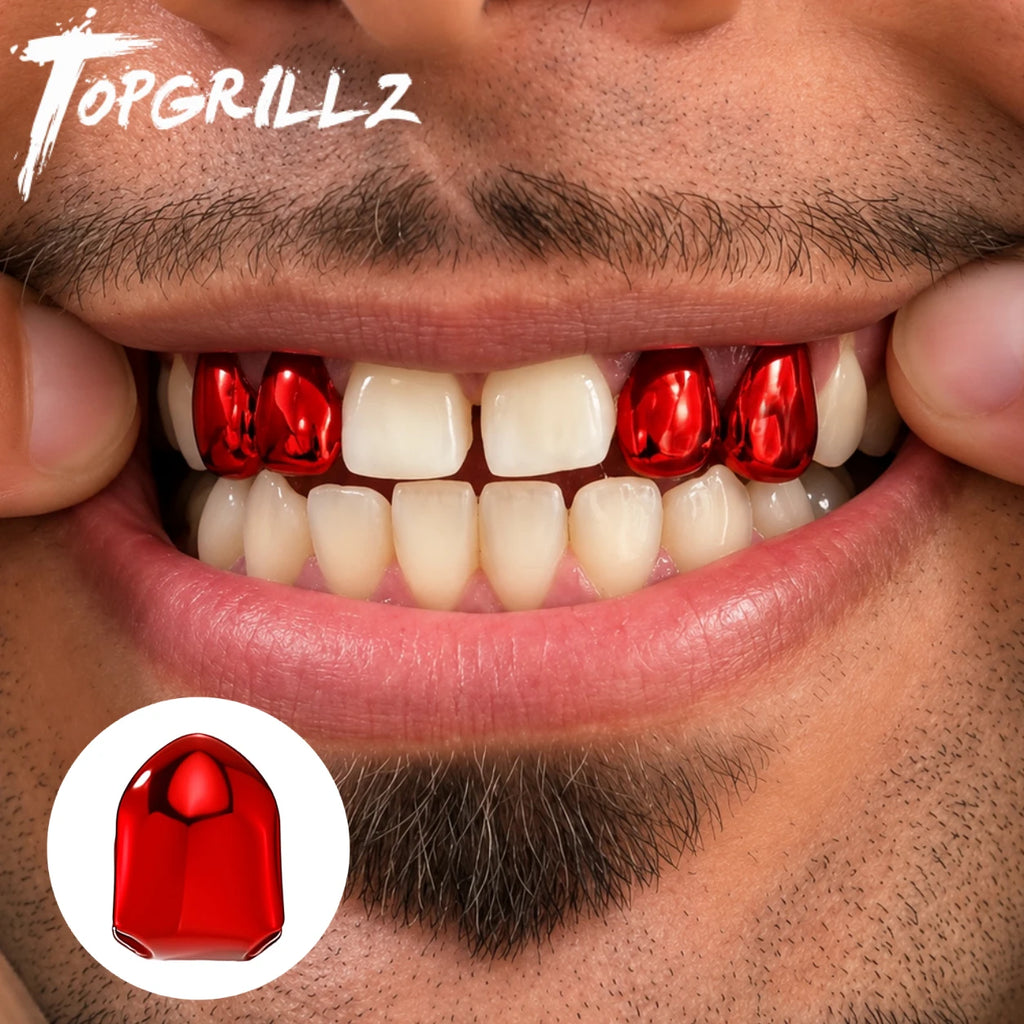 TOPGRILLZ Red Single Tooth Grill Mirror Plated Hip Hop Rapper Accessories Y2K Cosplay Halloween Teeth Jewelry Men Women 1Pc