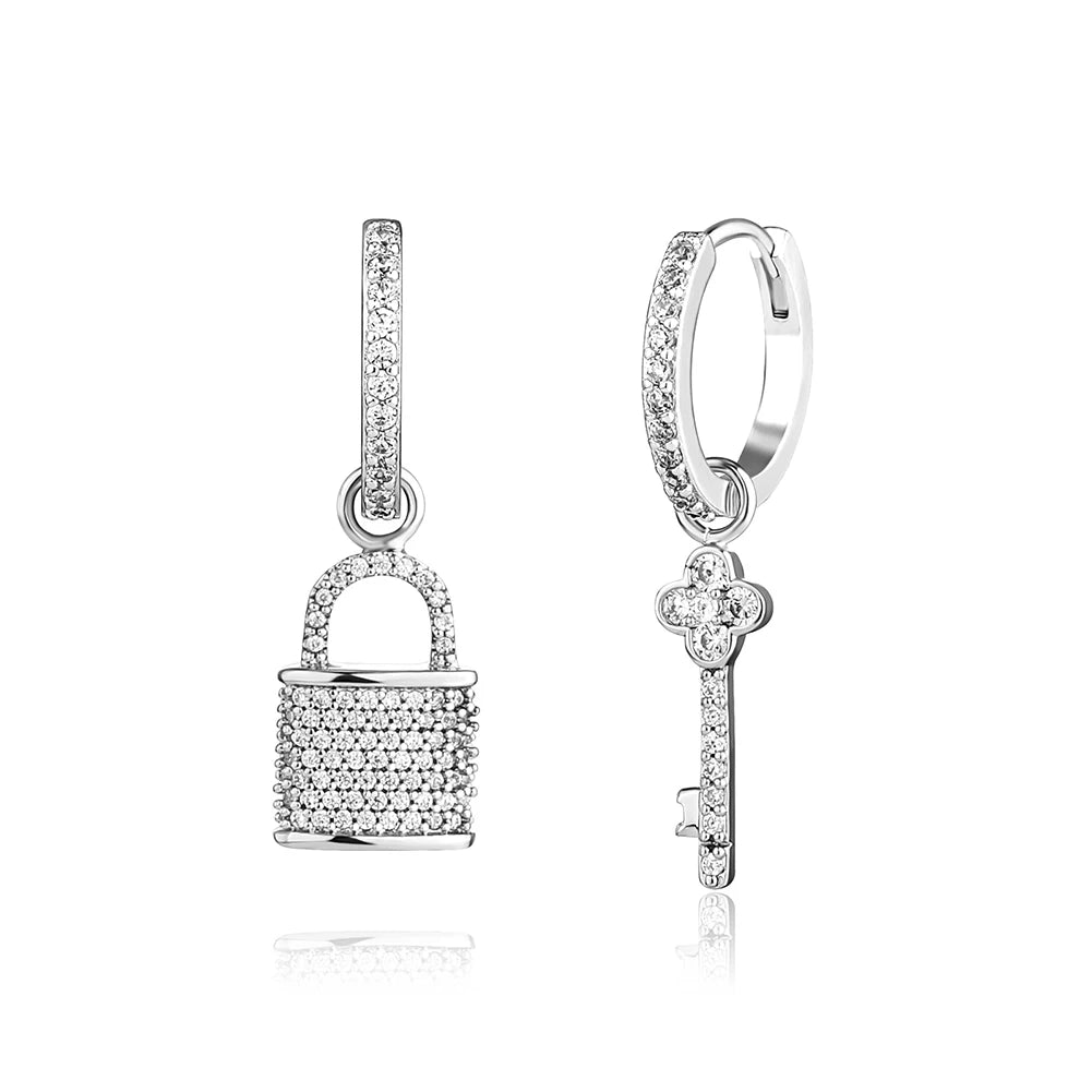 TOPGRILLZ 2022 New Couple Earrings Lock & Key Drop Earrings Iced Micro Pave Cubic Zirconia Earrings Hip Hop Jewelry For Gift