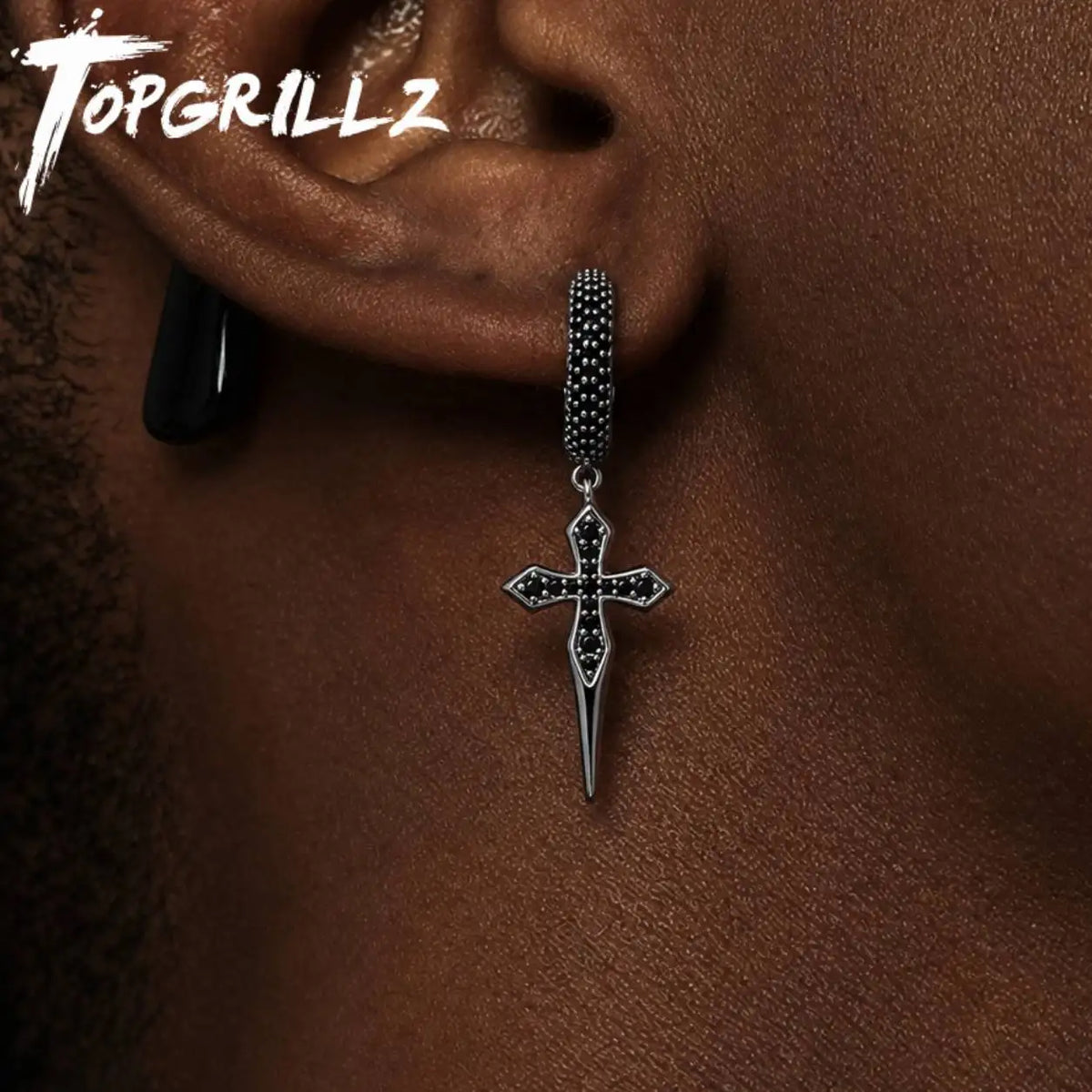 TOPGRILLZ Black CZ Ear Cuff Earrings Gun Plated Helloween Cross C-Shape Iced Out Hip Hop Gothic Jewelry Men Women