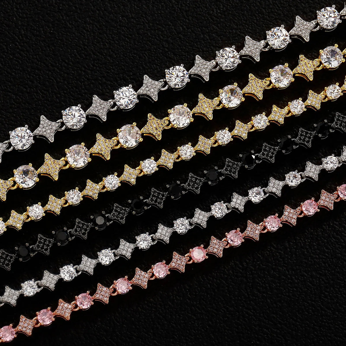 TOPGRILLZ 6MM Sparkling Star Tennis Chain Colorful Round Gemstone Design Bracelet 5A+ Cubic Zircon Luxury Jewelry For Men Women