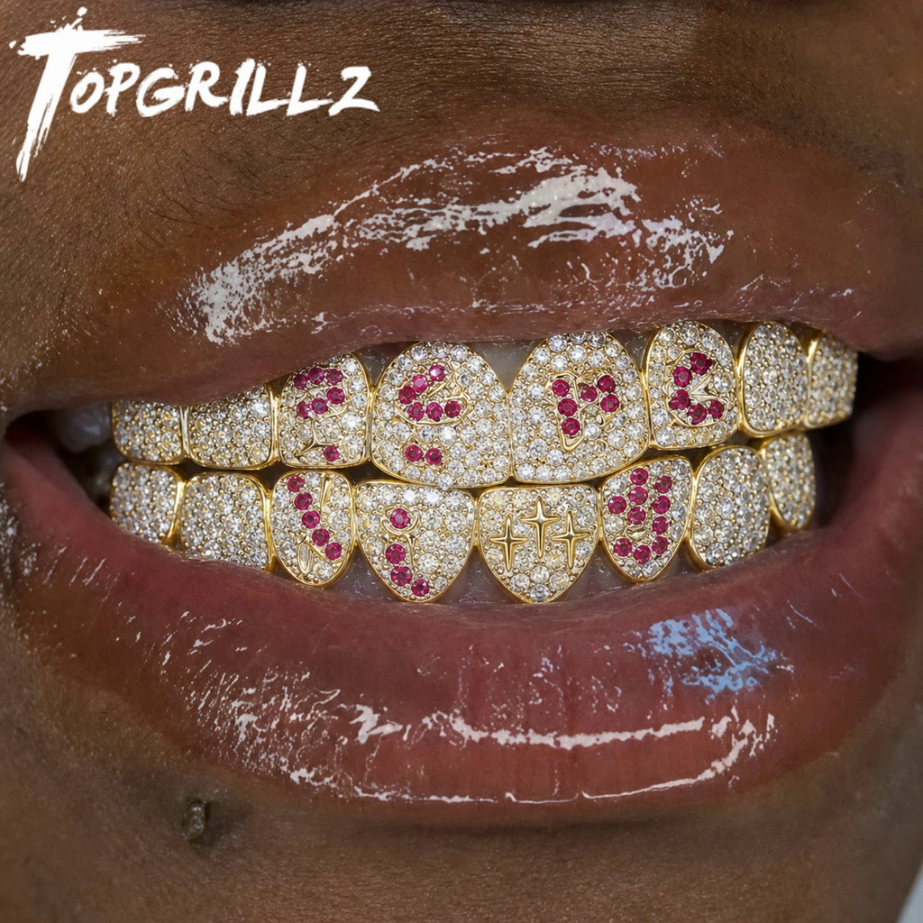 TOPGRILLZ White & Pink CZ Heart Cross Star Micro Pave Fang Grillz Set Gold Plated Top Bottom 8 Teeth Y2K Sweet Hip Hop Jewelry
