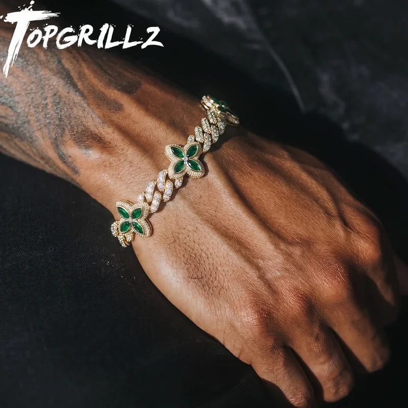 TOPGRILLZ 10mm Multi Color CZ Floral Cuban Chain Bracelet Micro Paved Iced Out 5A+ Cubic Zircon Clover Anklet Luxury Jewelry