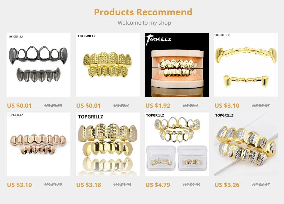 TOPGRILLZ  Gold Color Plated Hip Hop Teeth Grill Top & Bottom Grill Hip Hop Bling Hollow Vampire Teeth for Halloween