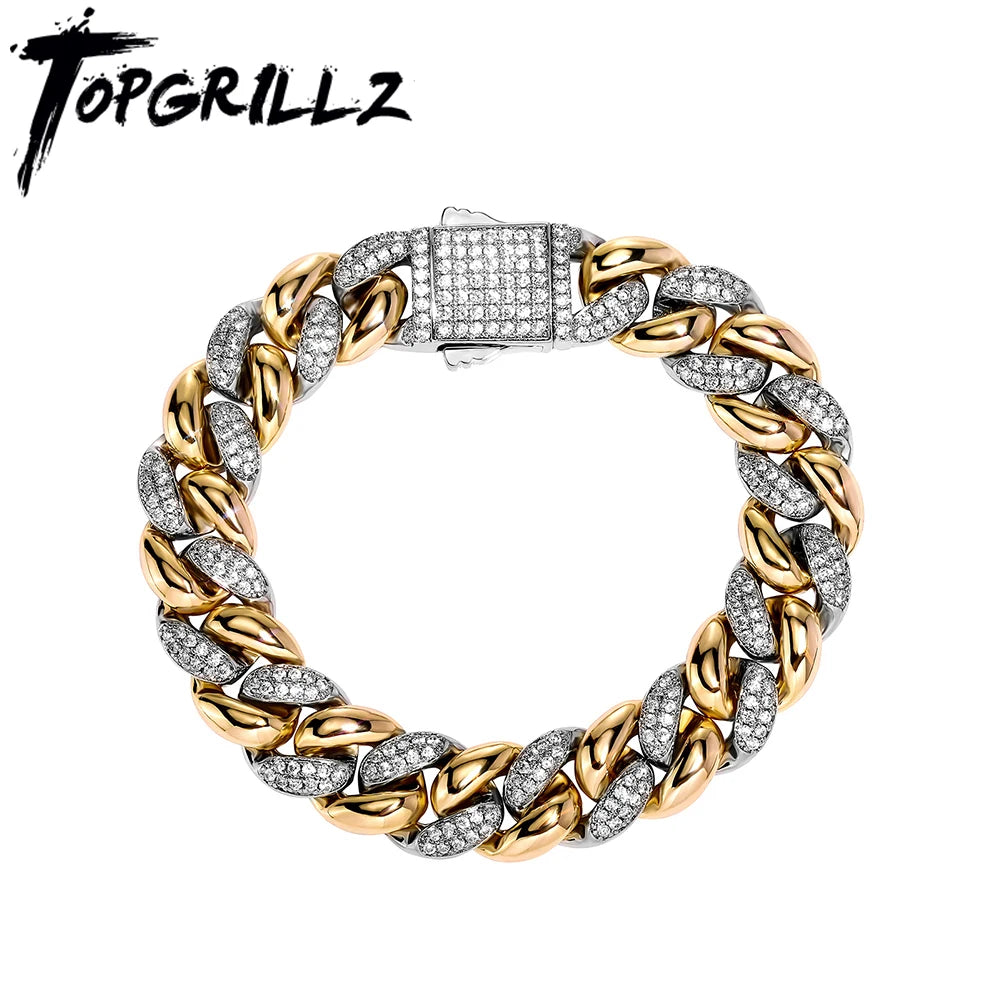 TOPGRILLZ New 9/14MM  Cuban Chain Bracelet With Gold Silver Color Spring Clasp Bling Iced Out CZ Jewelry Gift For Men Women