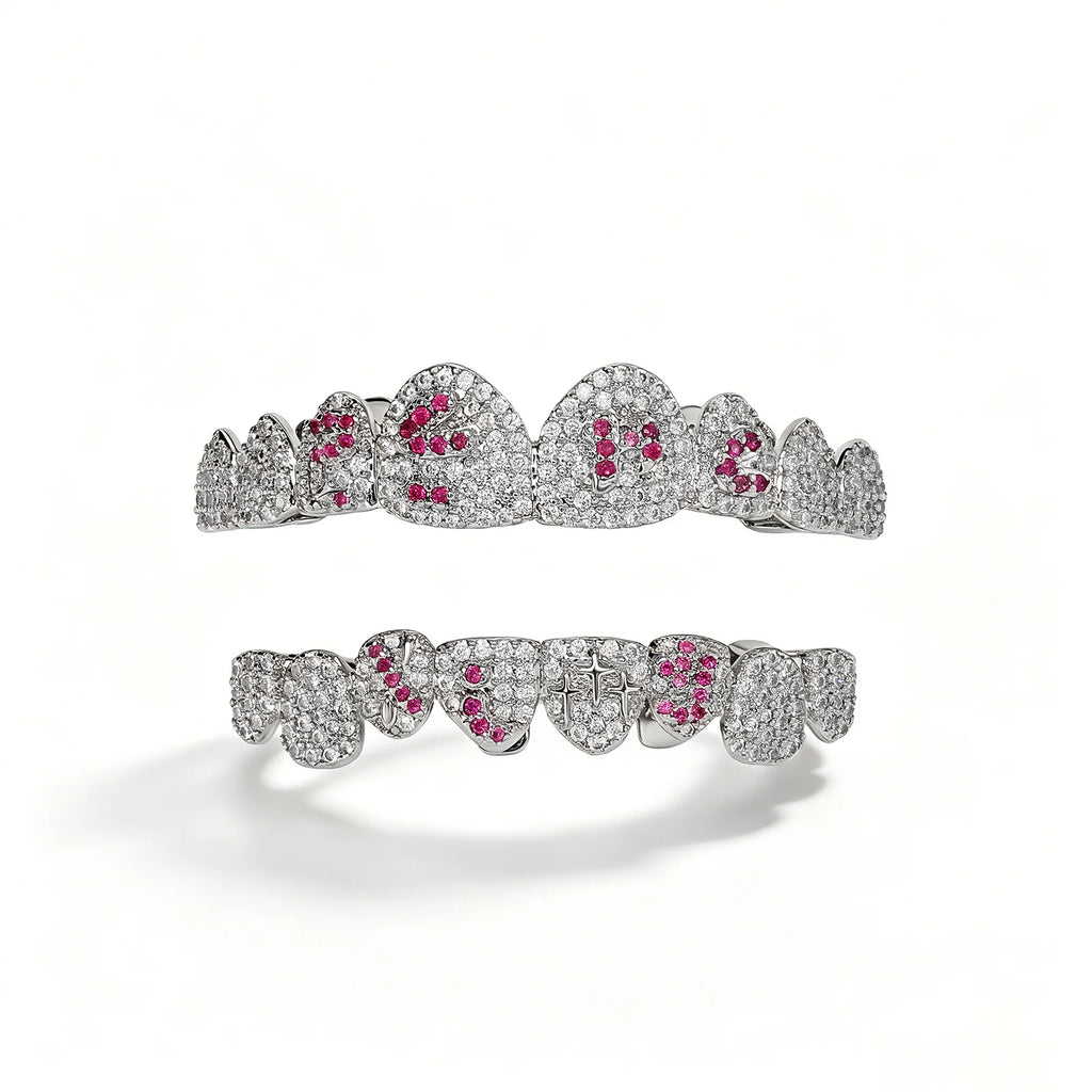 TOPGRILLZ White & Pink CZ Heart Cross Star Micro Pave Fang Grillz Set Gold Plated Top Bottom 8 Teeth Y2K Sweet Hip Hop Jewelry
