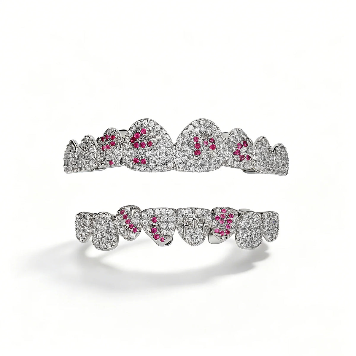 TOPGRILLZ White & Pink CZ Heart Cross Star Micro Pave Fang Grillz Set Gold Plated Top Bottom 8 Teeth Y2K Sweet Hip Hop Jewelry