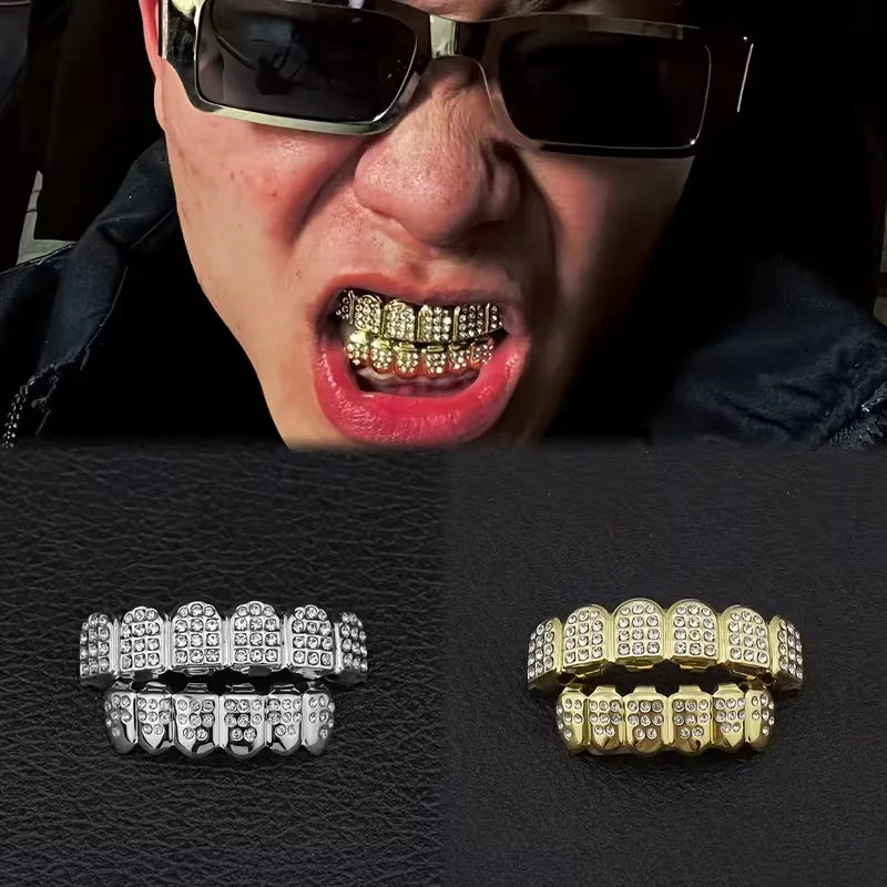 TOPGRILLZ Iced Out Full CZ Stones Teeth Grillz Fashion 5A+ Cubic Zircon 6 Top&6 Bottom Tooth Caps For Men Women Dental Grills