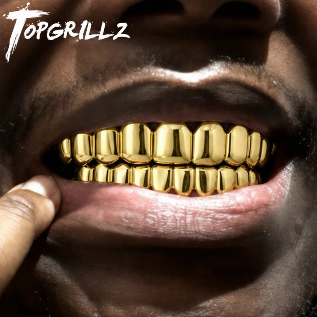 TOPGRILLZ 2Pcs Hip Hop Grillz Set No Stone Solid Mirror Top Bottom 10 Teeth Grills Classic Jewelry Men Women