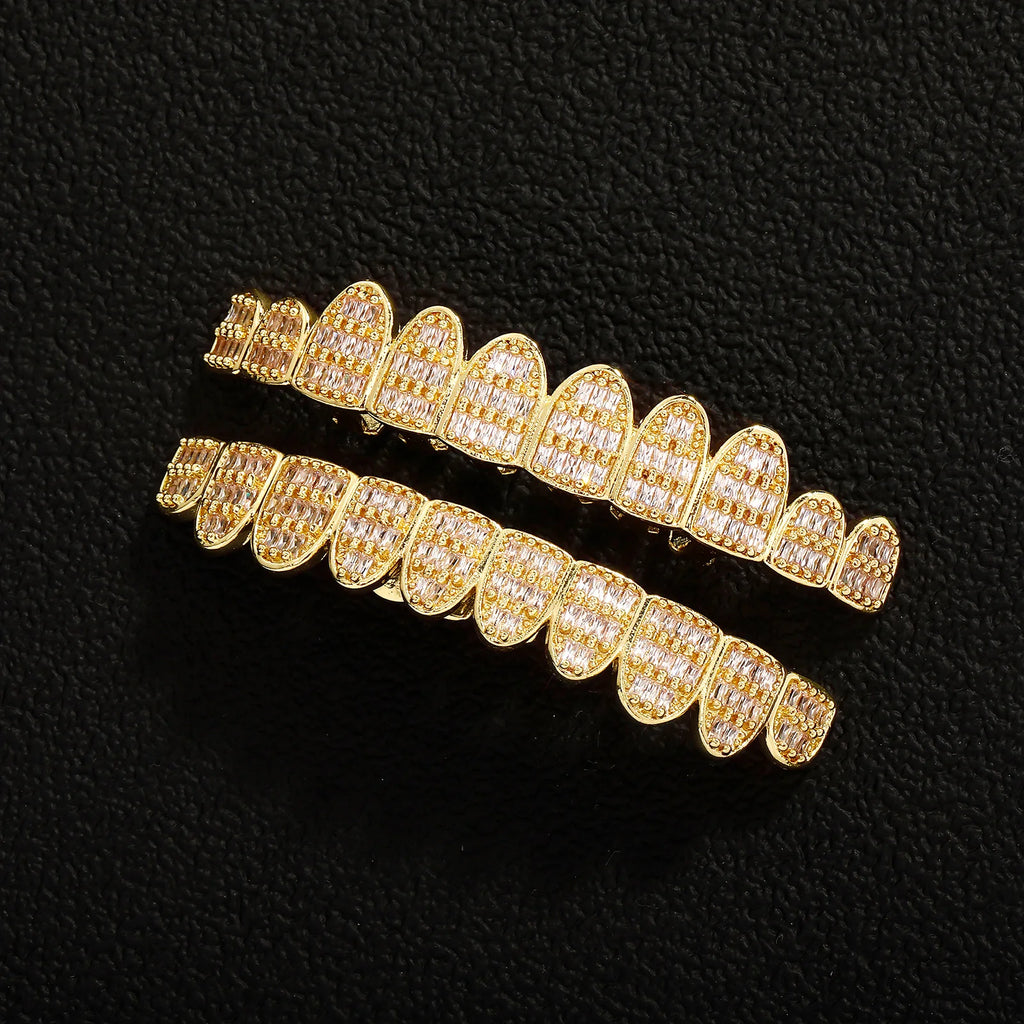 TOPGRILLZ 10/10 Iced Out Square Cubic Zircon Tooth Caps Hip Hop Full CZ Stone Teeth Grillz For Women Men Jewelry Dental Grills