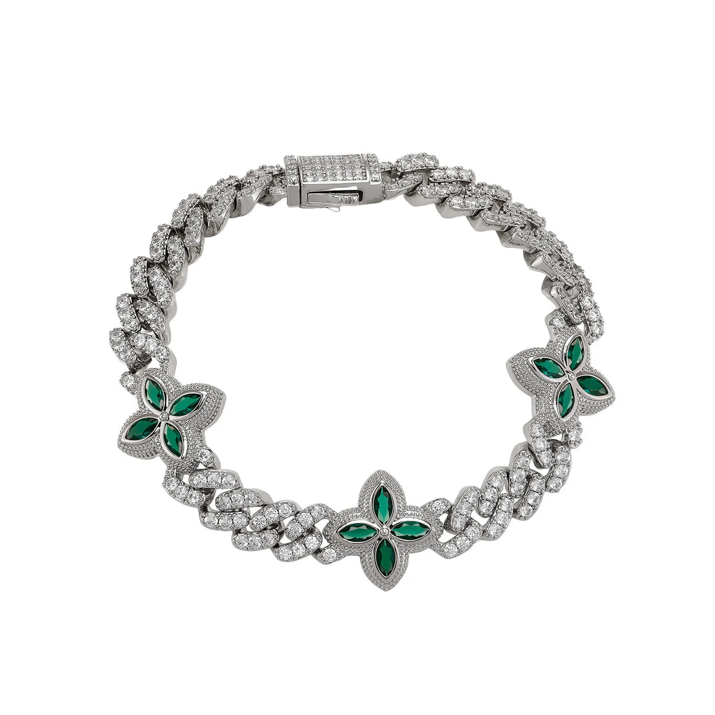 TOPGRILLZ 10mm Multi Color CZ Floral Cuban Chain Bracelet Micro Paved Iced Out 5A+ Cubic Zircon Clover Anklet Luxury Jewelry