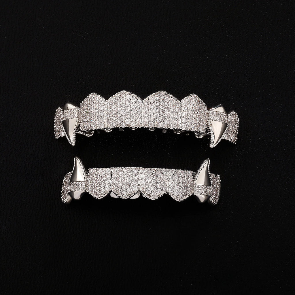 TOPGRILLZ Iced Out 5A+ CZ Teeth Set 8 Top& 8 Bottom Mouth Gold Silver Color Tooth Caps Removable Dental Grills For Halloween