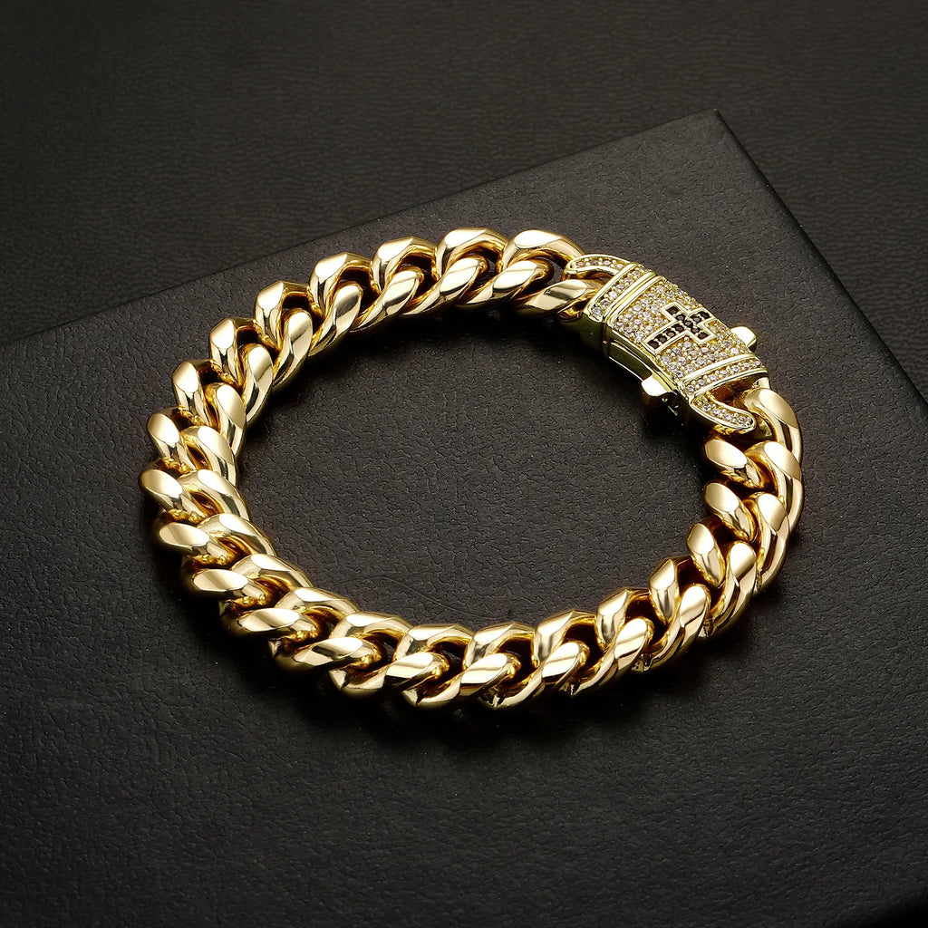 TOPGRILLZ Mens Streetwear Jewelry Gold Plated Copper Cuban Link Bracelet Black Cross Clasp Iced Out Gift For Men&Women