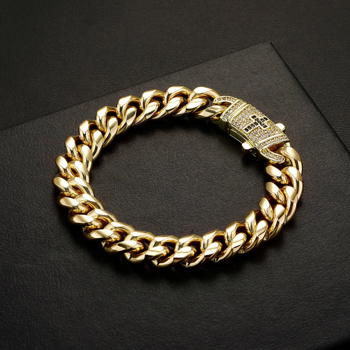TOPGRILLZ Mens Streetwear Jewelry Gold Plated Copper Cuban Link Bracelet Black Cross Clasp Iced Out Gift For Men&Women