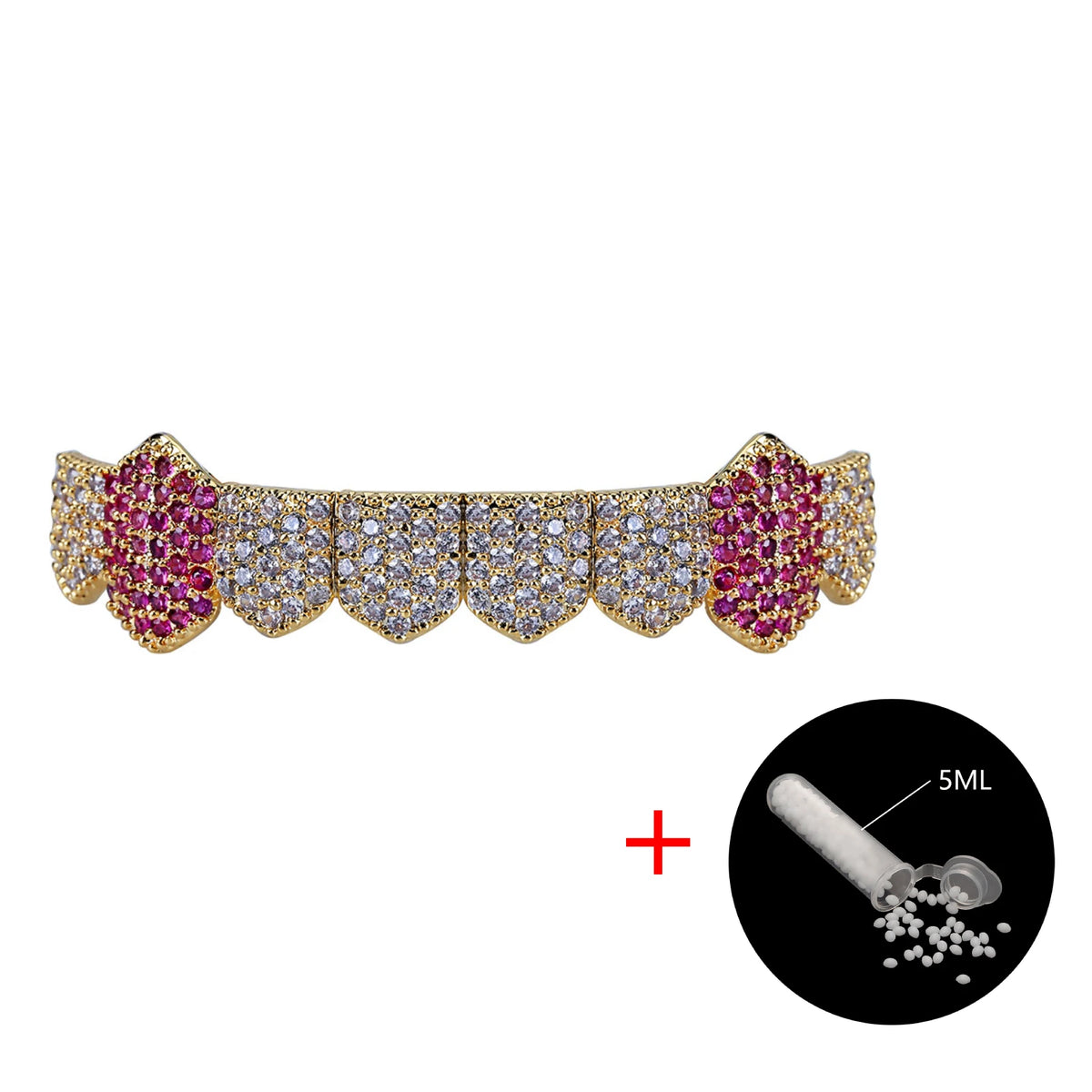 TOPGRILLZ 3 Styles Hip Hop Grillz Full CZ Fang Wavy Pink Accent Grills Set Iced Out 8 Teeth Halloween Jewelry Men Women
