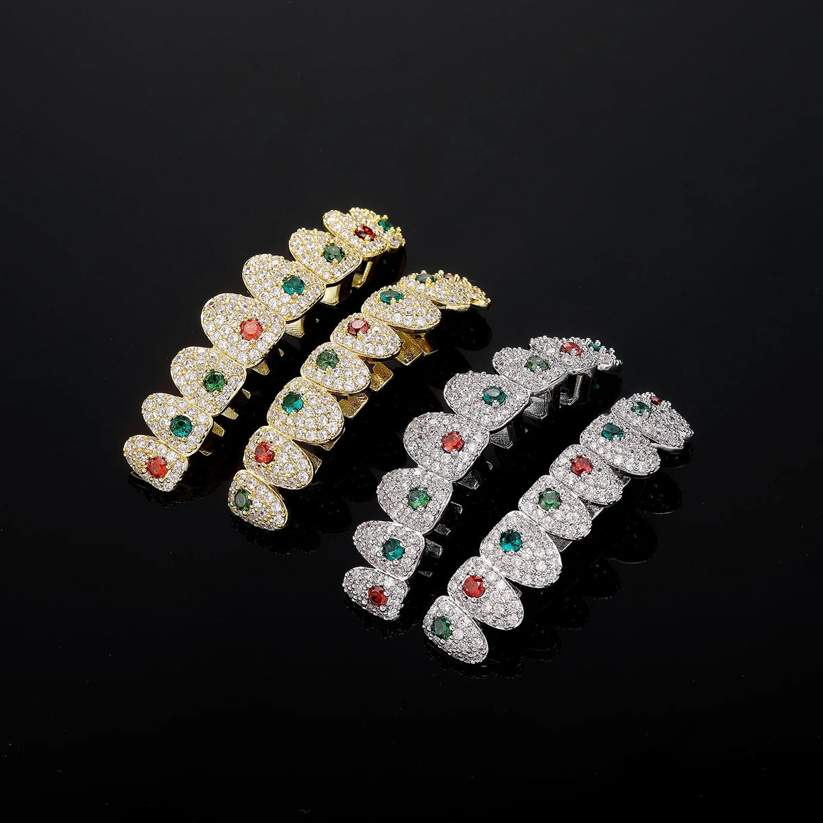 TOPGRILLZ Iced Out Full Cubic Zircon Tooth Caps 8 Top&8 Bottom Set Braces Multi-Colors Teeth Grillz For Party Christmas Gift