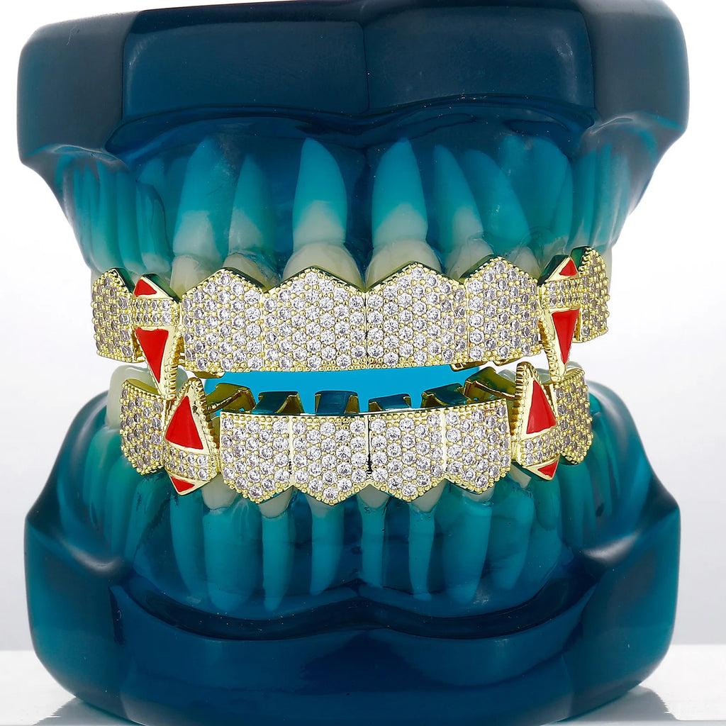 TOPGRILLZ Iced Out 5A+ CZ Teeth Set 8 Top& 8 Bottom Mouth Gold Silver Color Tooth Caps Removable Dental Grills For Halloween
