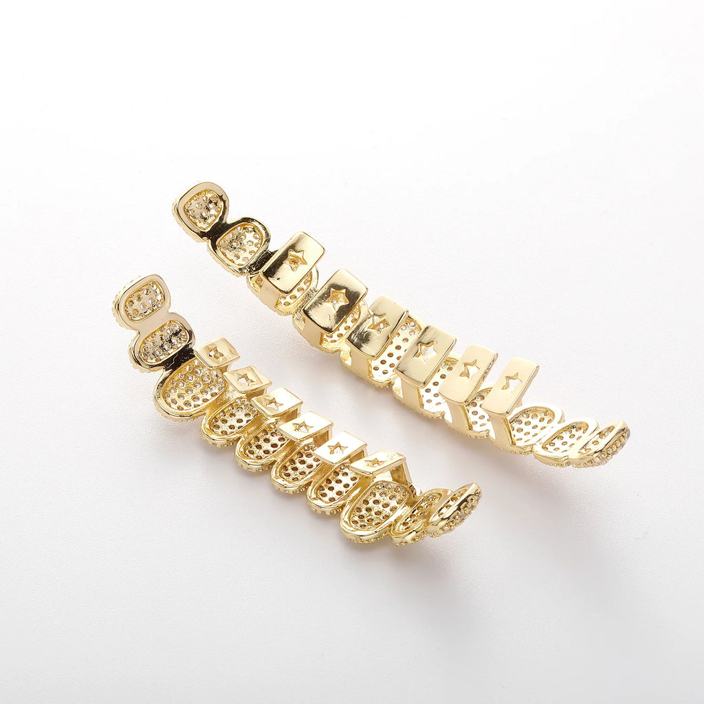TOPGRILLZ Iced Out Cubic Zirconia Grillz Brace Punk 10/10 Top Bottom Dental Mouth Fang Grills Vampire Tooth Cap Cosplay Jewelry