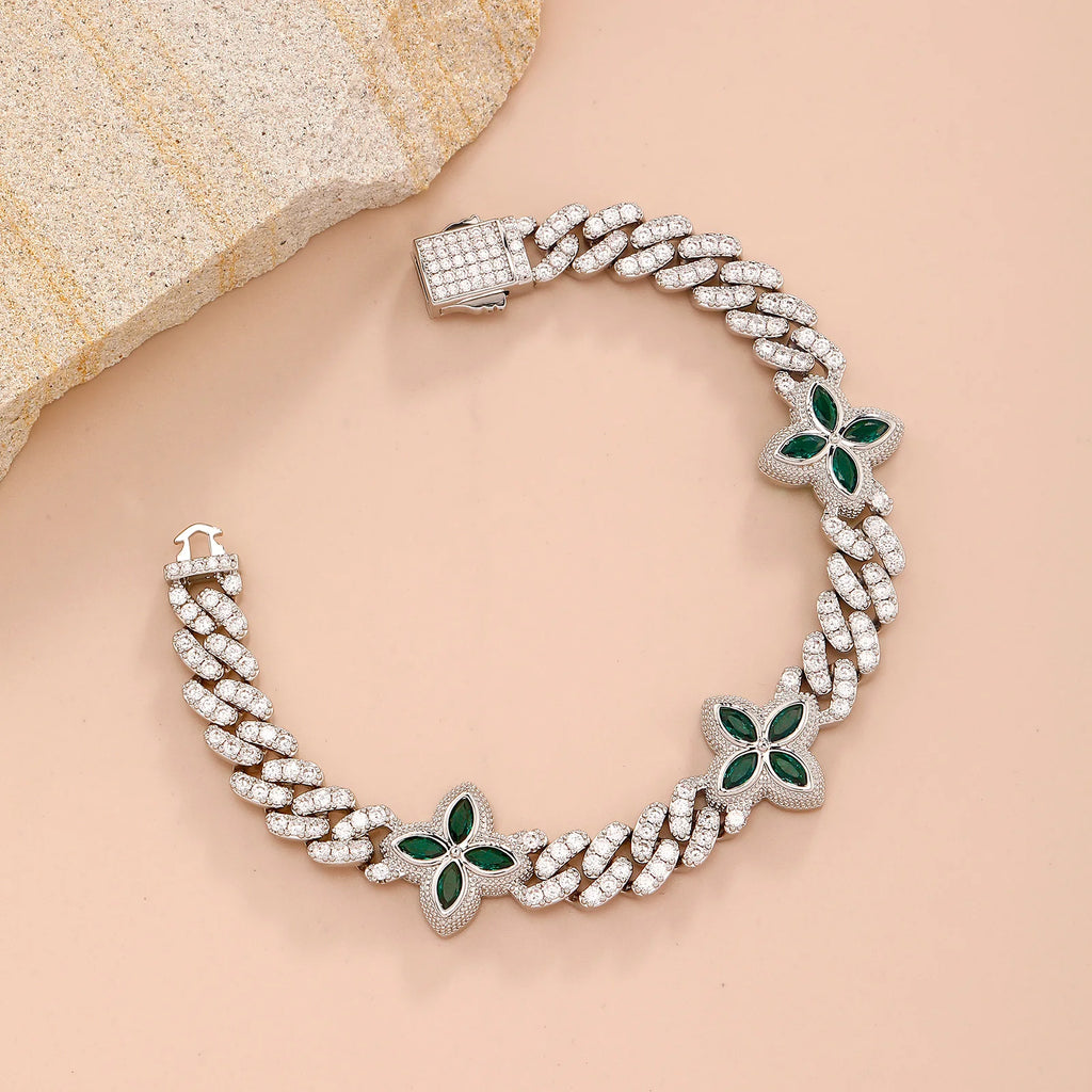 TOPGRILLZ 10mm Multi Color CZ Floral Cuban Chain Bracelet Micro Paved Iced Out 5A+ Cubic Zircon Clover Anklet Luxury Jewelry