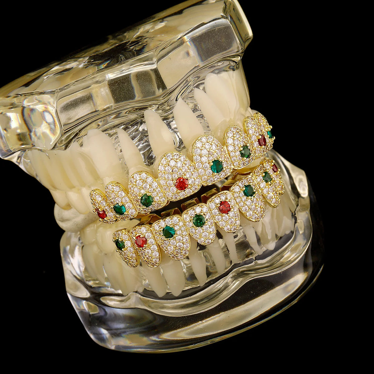 TOPGRILLZ Iced Out Full Cubic Zircon Tooth Caps 8 Top&8 Bottom Set Braces Multi-Colors Teeth Grillz For Party Christmas Gift