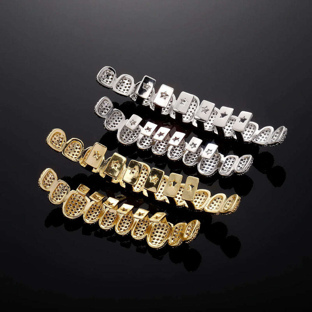 TOPGRILLZ Iced Out Cubic Zirconia Grillz Brace Punk 10/10 Top Bottom Dental Mouth Fang Grills Vampire Tooth Cap Cosplay Jewelry