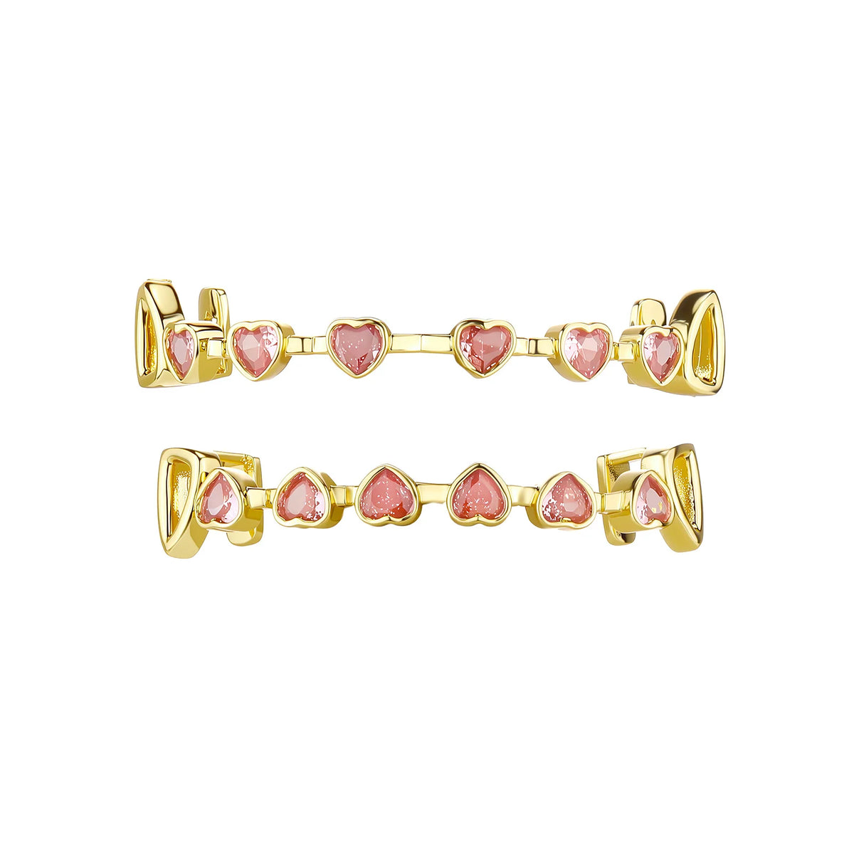 TOPGRILLZ Hip Hop Y2K Copper Grillz Set Pink And Clear Heart CZ Top Bottom Teeth Cap Sweet Cool Bling Jewelry For Women Men