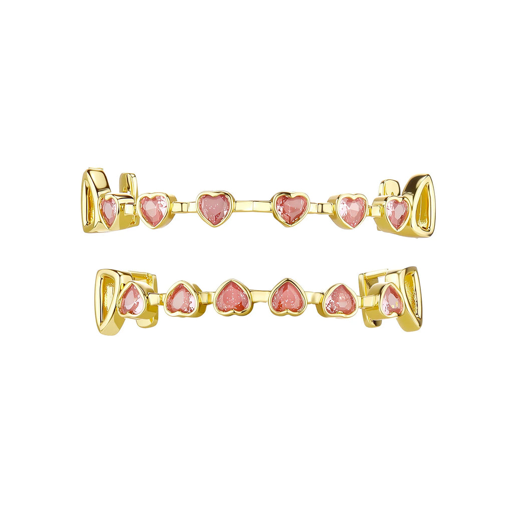TOPGRILLZ Hip Hop Y2K Copper Grillz Set Pink And Clear Heart CZ Top Bottom Teeth Cap Sweet Cool Bling Jewelry For Women Men