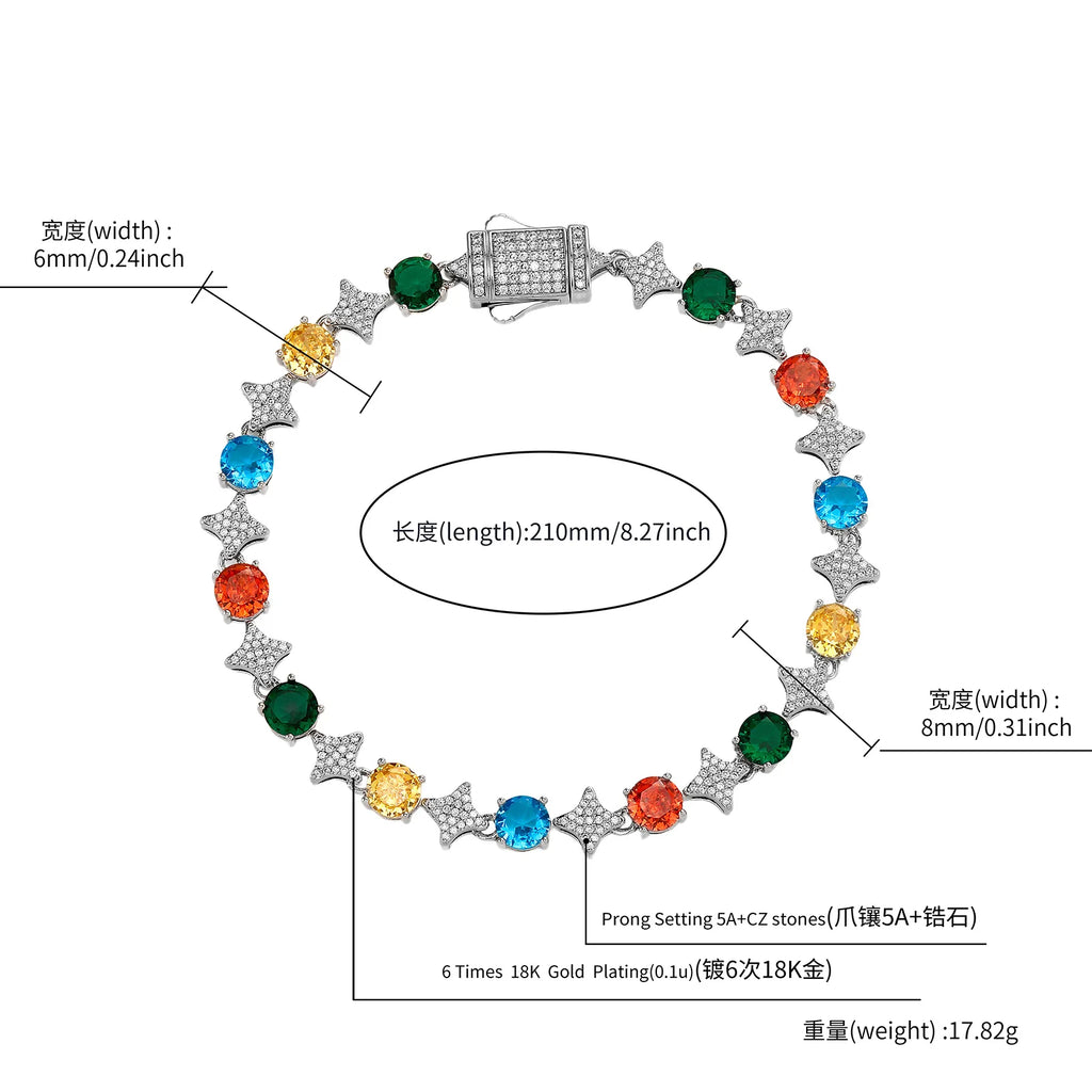 TOPGRILLZ 6MM Sparkling Star Tennis Chain Colorful Round Gemstone Design Bracelet 5A+ Cubic Zircon Luxury Jewelry For Men Women