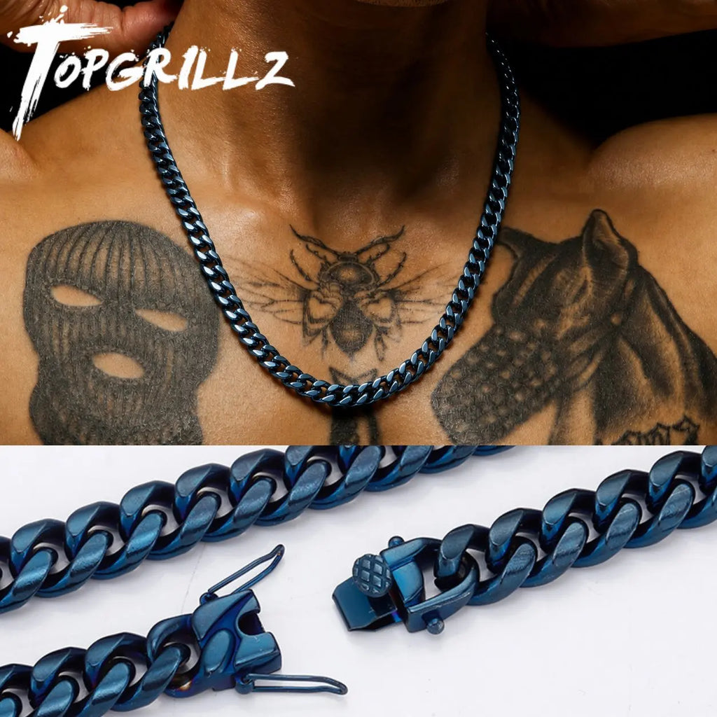 TOPGRILLZ Hip Hop Streetwear Jewelry Blue Polish Thick Cuban Link Chain Necklace/Bracelet Stainless Steel 8mm 10mm For Men&Women