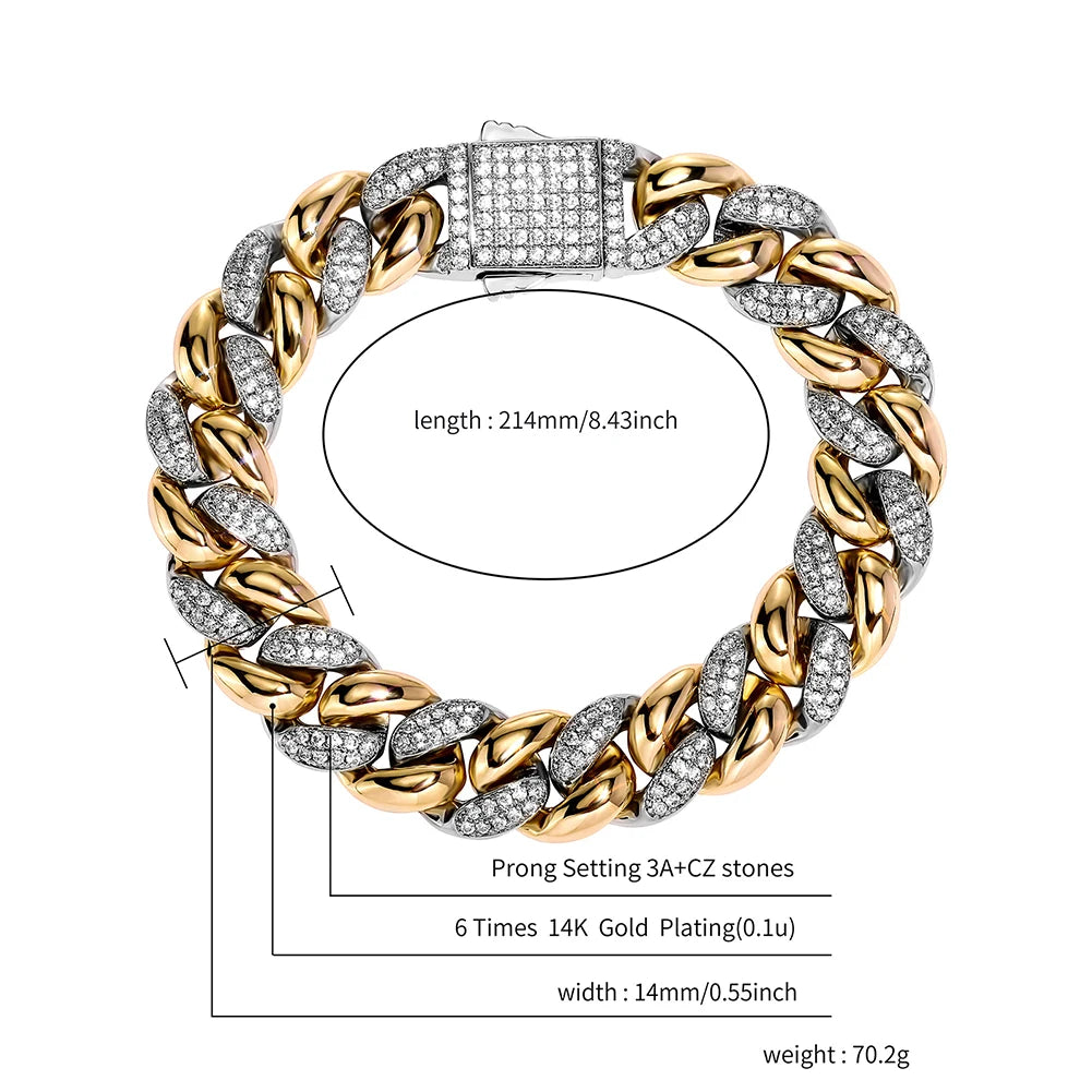 TOPGRILLZ New 9/14MM  Cuban Chain Bracelet With Gold Silver Color Spring Clasp Bling Iced Out CZ Jewelry Gift For Men Women