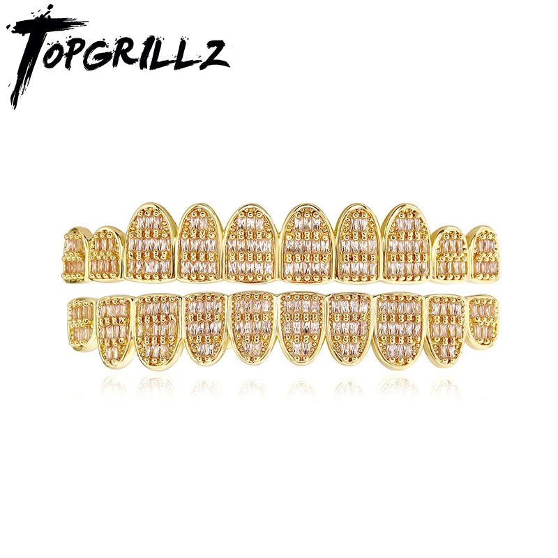 TOPGRILLZ 10/10 Iced Out Square Cubic Zircon Tooth Caps Hip Hop Full CZ Stone Teeth Grillz For Women Men Jewelry Dental Grills