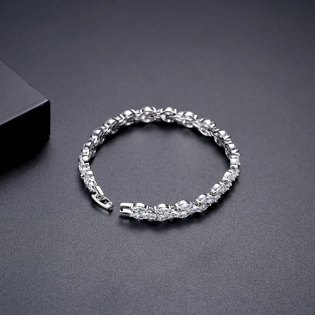 TOPGRILLZ Marquise CZ Link Bracelet Silver Plated Copper Prong Set Articulated Square Box Clasp Hip Hop Jewelry Men Women