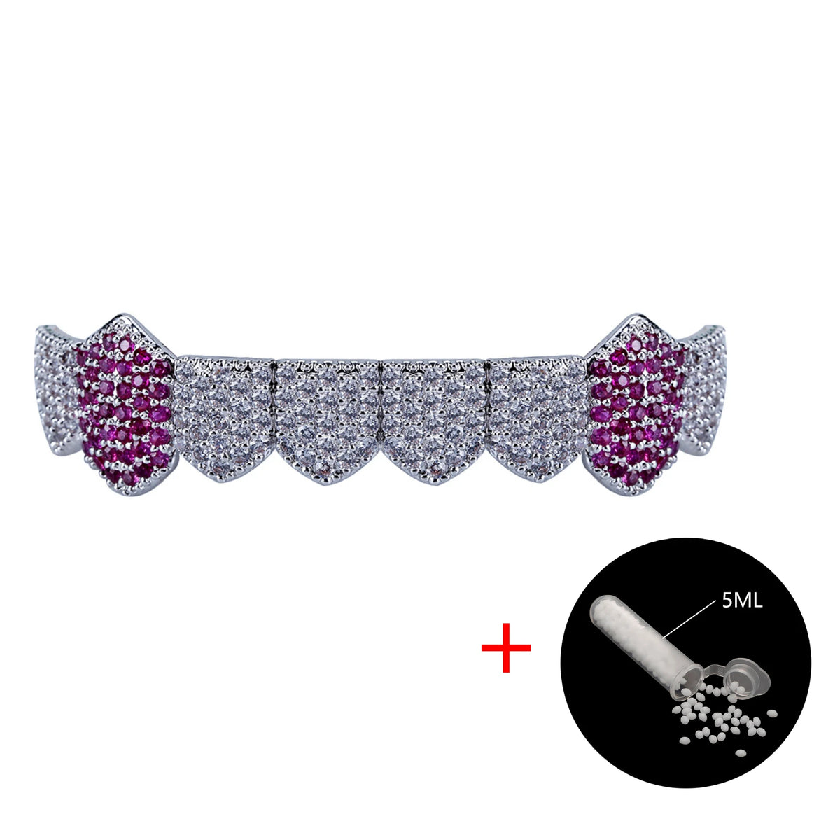 TOPGRILLZ 3 Styles Hip Hop Grillz Full CZ Fang Wavy Pink Accent Grills Set Iced Out 8 Teeth Halloween Jewelry Men Women