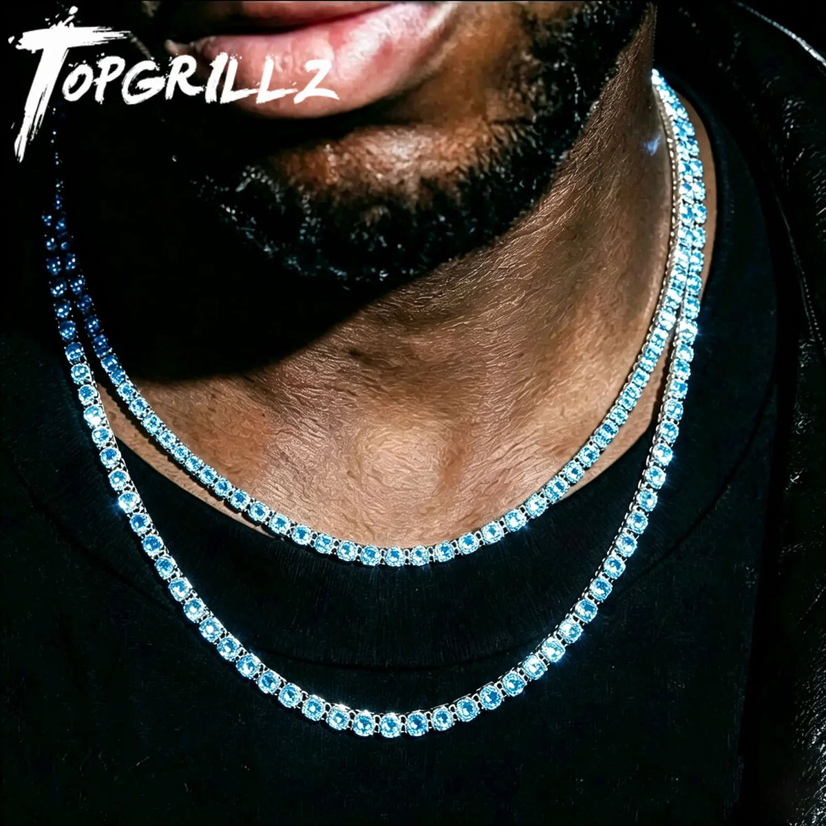 TOPGRILLZ 4MM Iced Out Bling AAA Zircon 1 Row Fashion Light Blue Color Tennis Jewelry Chains Women 20inch Choker Punk Gift